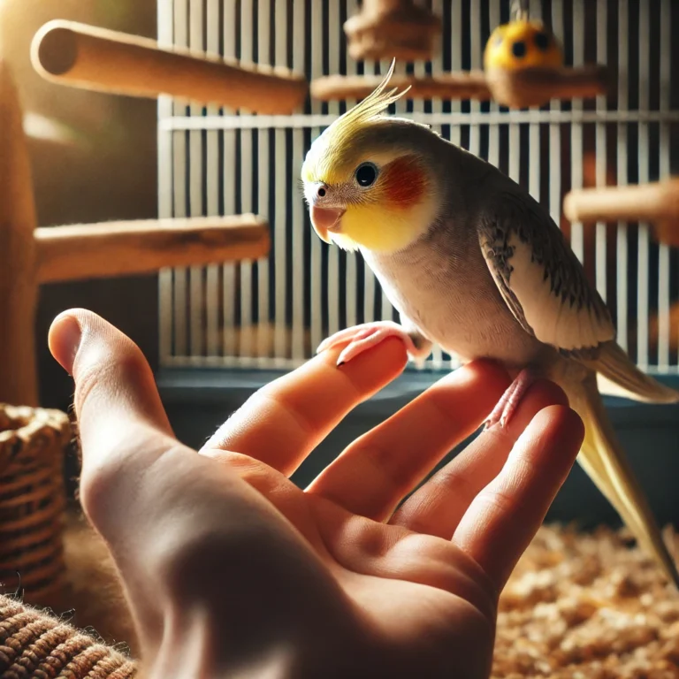 A realistic image of an older cockatiel, cautiously stepping onto a person's finger. The bird appears curious but hesitant, with its claws gently reaching for the extended hand. A cozy home environment with a birdcage, perches, and toys is visible in the background, creating a warm and inviting atmosphere. meaning how Long Does It Take to Tame an Older Cockatiel?