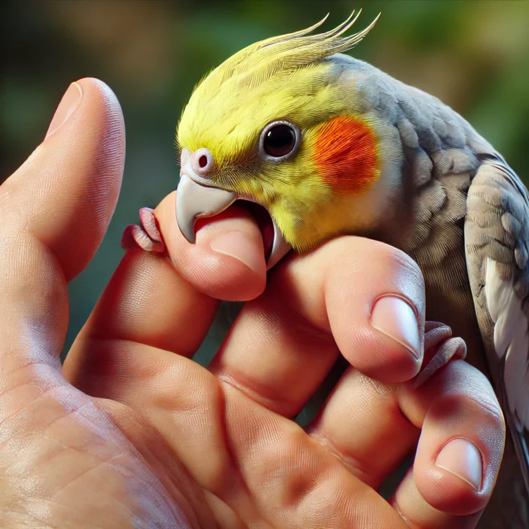 A cockatiel gently perched on a hand, showing trust and tameness. Learn How to Stop Your Cockatiel from Biting: Expert Breeder’s Guide and training techniques.