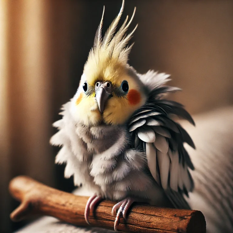 A scared cockatiel perched on a wooden branch, with its feathers slightly fluffed and crest raised, displaying signs of fear in a cozy indoor setting. learn Why Is My Cockatiel Scared of Me? 8 Proven Ways to Build Trust