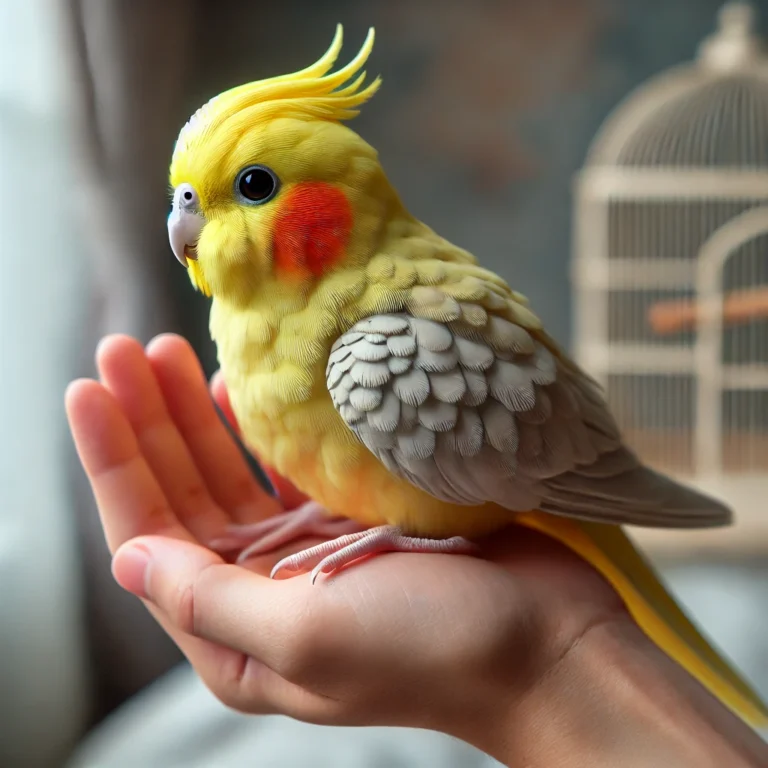 A lifelike Lutino cockatiel perched on a person's hand, showing trust with fluffed-up feathers and a gentle posture. The softly blurred background features a bird cage, reinforcing the bond between the bird and its owner. This image represents "10 Clear Signs Your Cockatiel Trusts You (Build Unbreakable Bond)."